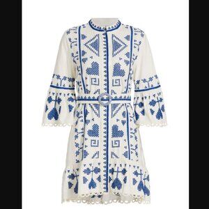 Farm Rio Women's Cross-Stitch Belted Minidress - Off White size medium